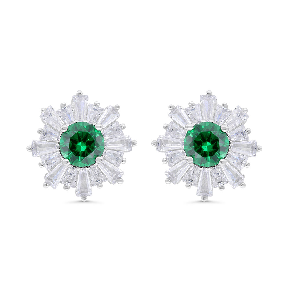 Sterling Silver 925 Earring Rhodium Plated Embedded With Emerald Zircon And White Zircon