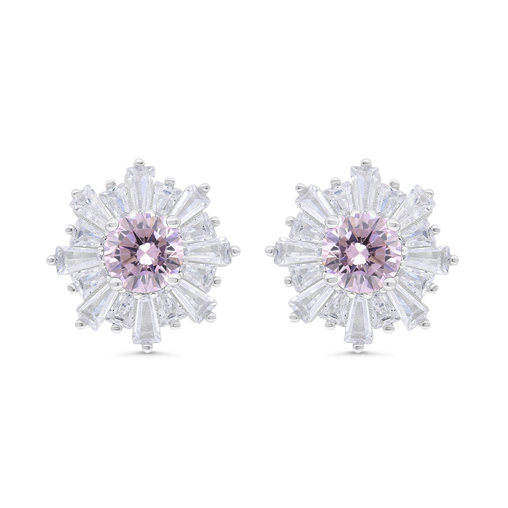 Sterling Silver 925 Earring Rhodium Plated Embedded With Pink Zircon And White Zircon