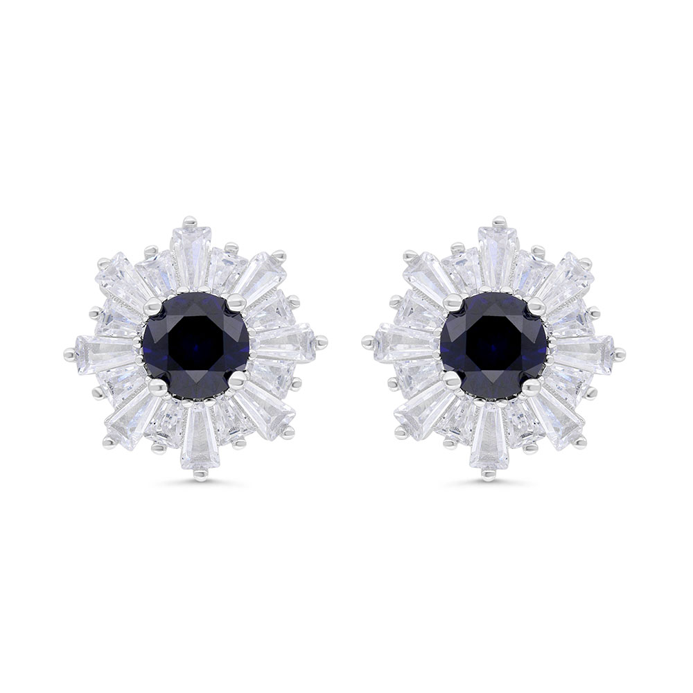 Sterling Silver 925 Earring Rhodium Plated Embedded With Sapphire Corundum And White Zircon