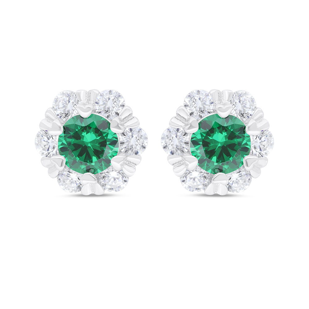 Sterling Silver 925 Earring Rhodium Plated Embedded With Emerald Zircon And White Zircon