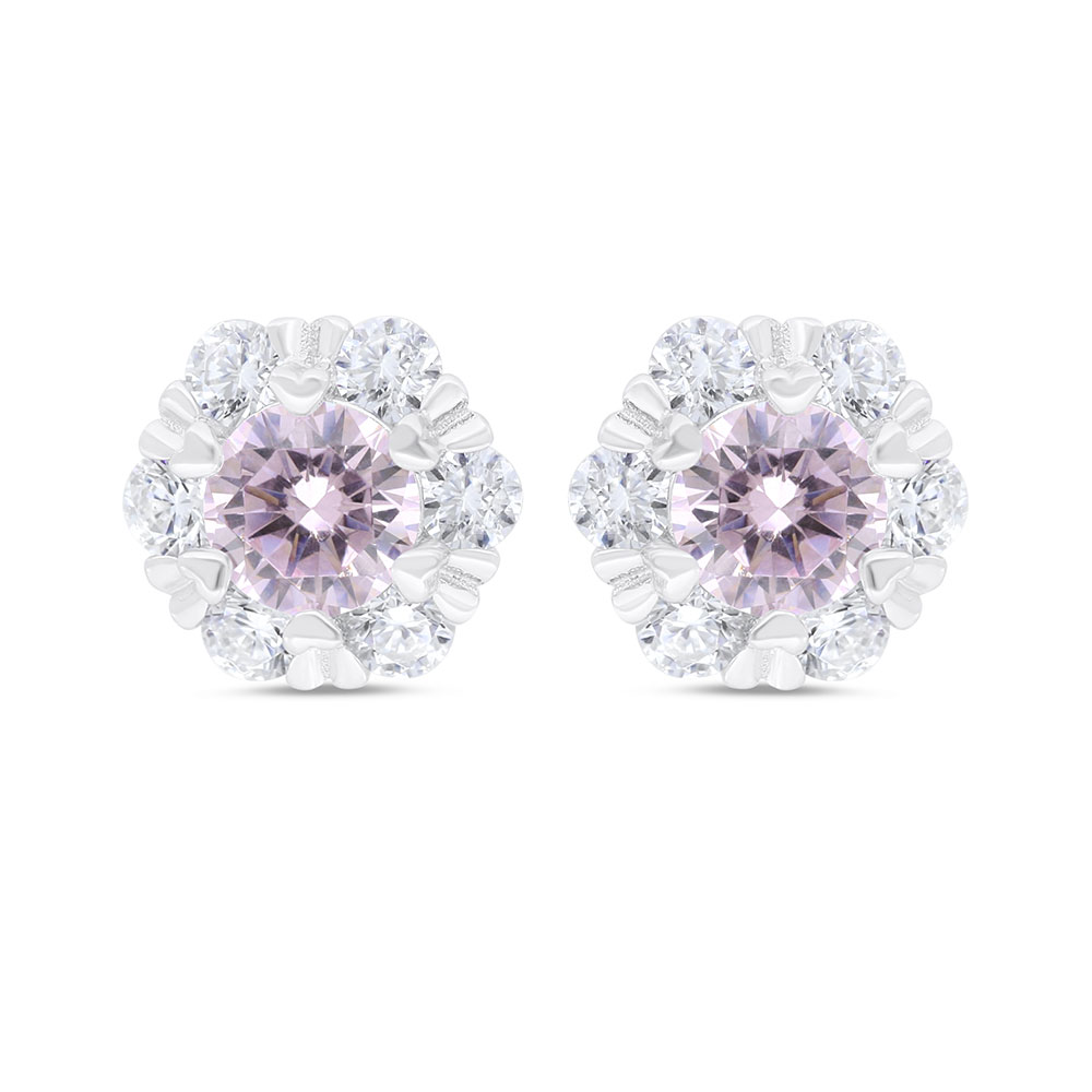 Sterling Silver 925 Earring Rhodium Plated Embedded With Pink Zircon And White Zircon