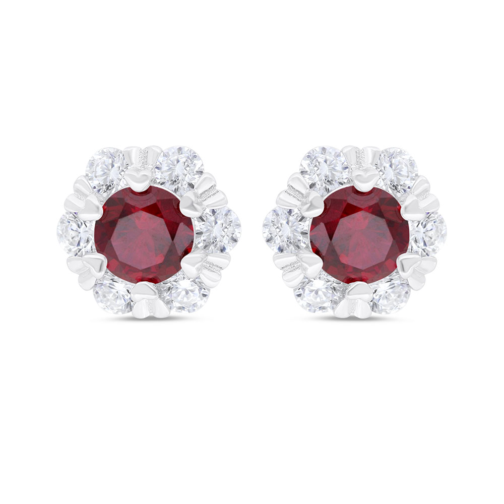 Sterling Silver 925 Earring  Rhodium Plated Embedded With Ruby Corundum And White Zircon