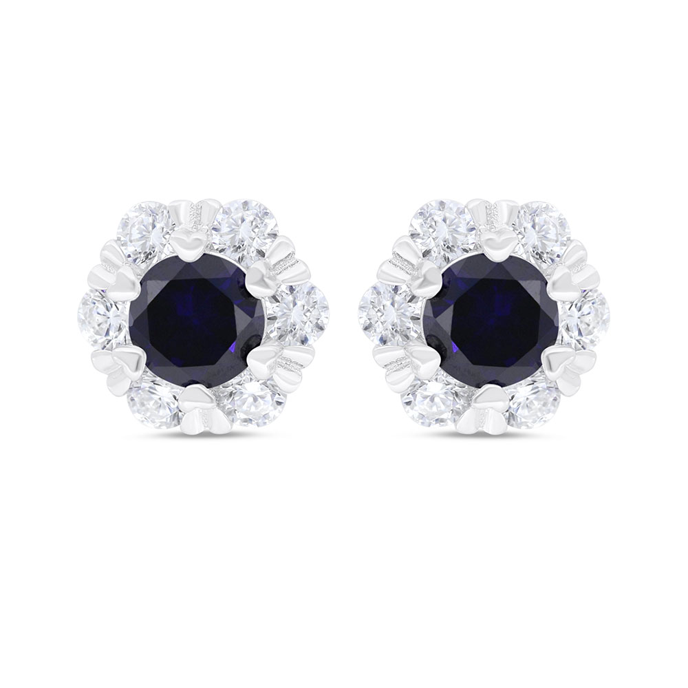 Sterling Silver 925 Earring Rhodium Plated Embedded With Sapphire Corundum And White Zircon