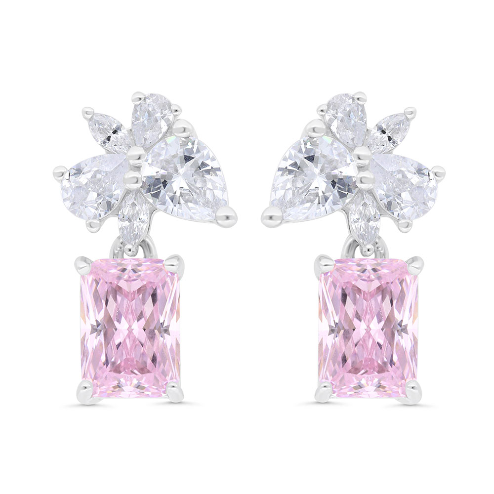 Sterling Silver 925 Earring Rhodium Plated Embedded With Pink Zircon And White Zircon