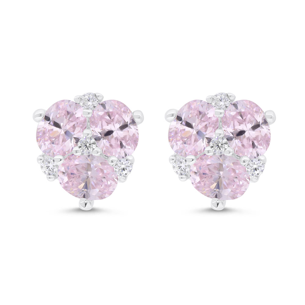 Sterling Silver 925 Earring Rhodium Plated Embedded With Pink Zircon And White Zircon