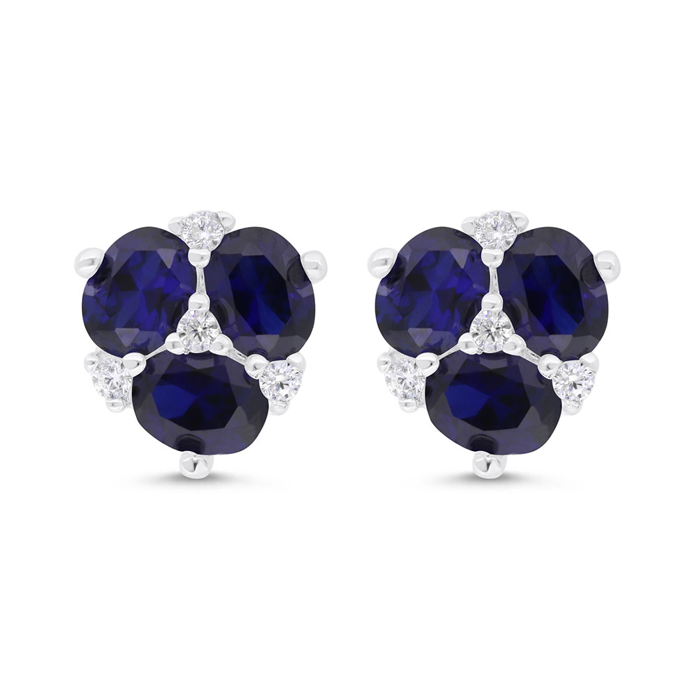 Sterling Silver 925 Earring Rhodium Plated Embedded With Sapphire Corundum And White Zircon