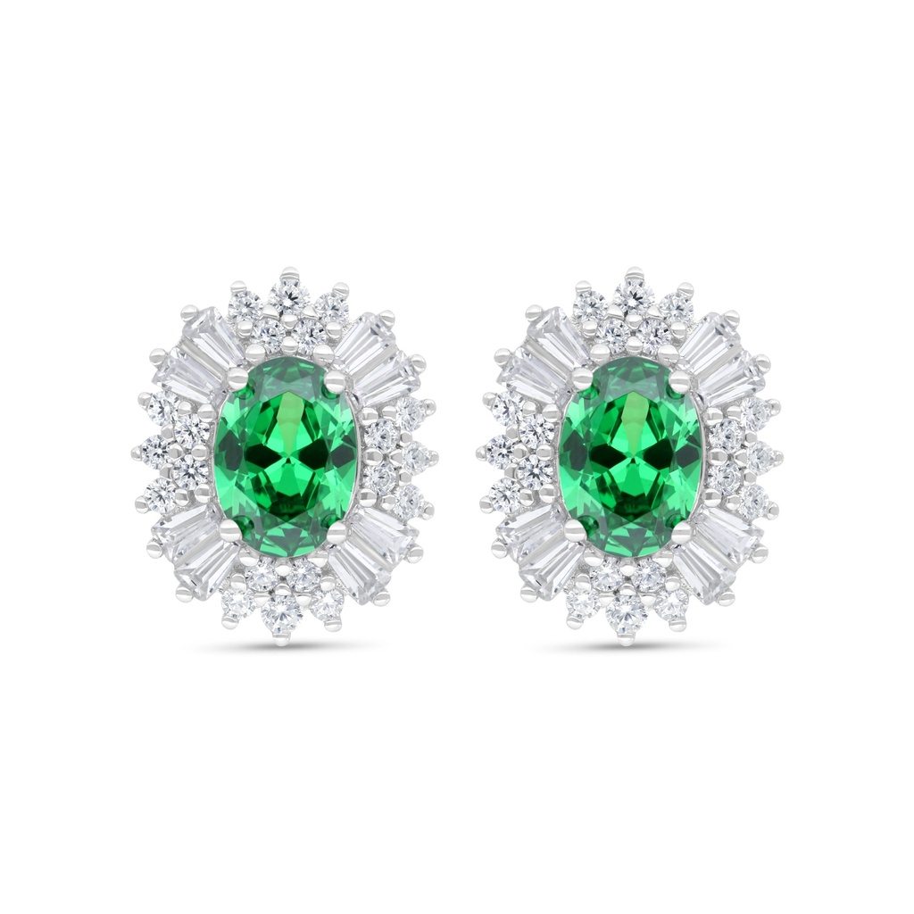 Sterling Silver 925 Earring Rhodium Plated Embedded With Emerald Zircon And White Zircon