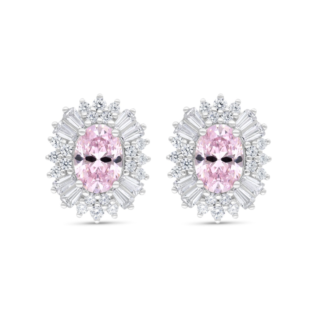 Sterling Silver 925 Earring Rhodium Plated Embedded With Pink Zircon And White Zircon