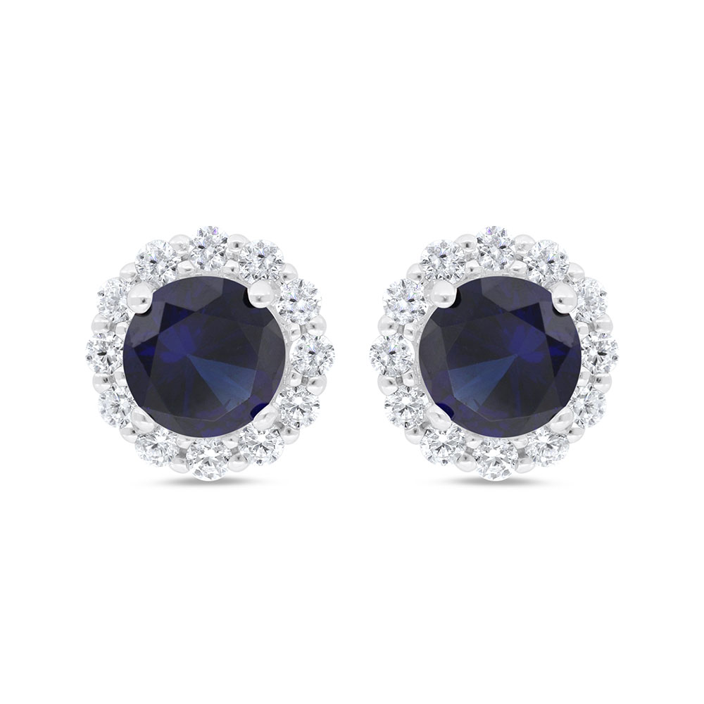 Sterling Silver 925 Earring Rhodium Plated Embedded With Sapphire Corundum And White Zircon