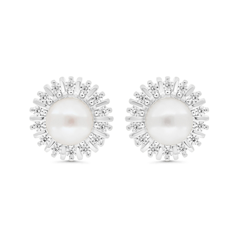 Sterling Silver 925 Earring Rhodium Plated Embedded With Natural White Pearl And White Zircon