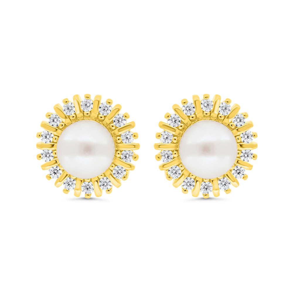 Sterling Silver 925 Earring Gold Plated Embedded With Natural White Pearl And  White Zircon