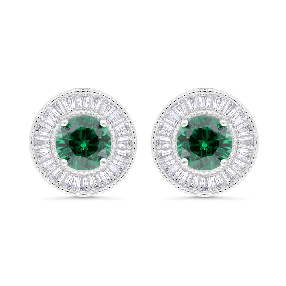 Sterling Silver 925 Earring Rhodium Plated Embedded With Emerald Zircon And White Zircon