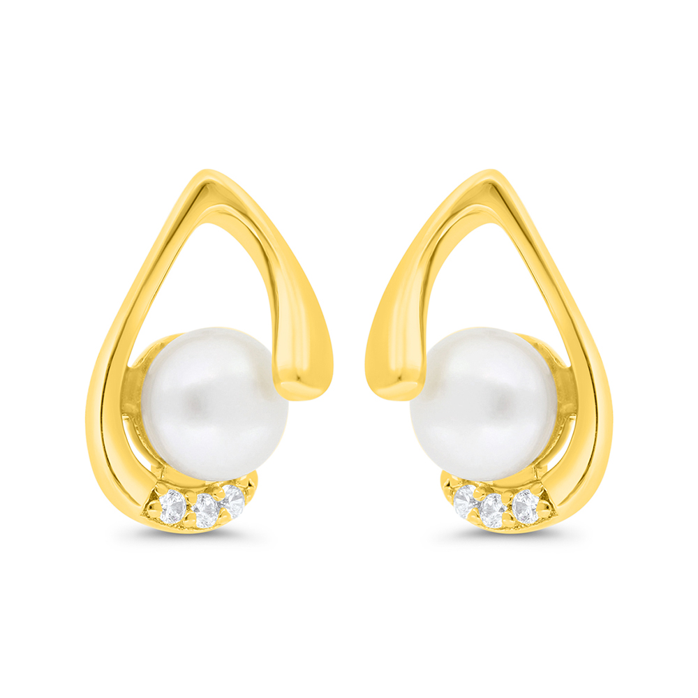 Sterling Silver 925 Earring Gold Plated Embedded With Natural White Pearl And  White Zircon