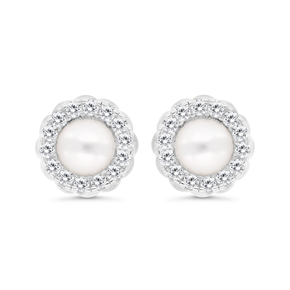 Sterling Silver 925 Earring Rhodium Plated Embedded With Natural White Pearl And  White Zircon 