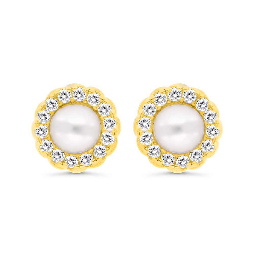 Sterling Silver 925 Earring Gold Plated Embedded With Natural White Pearl And  White Zircon