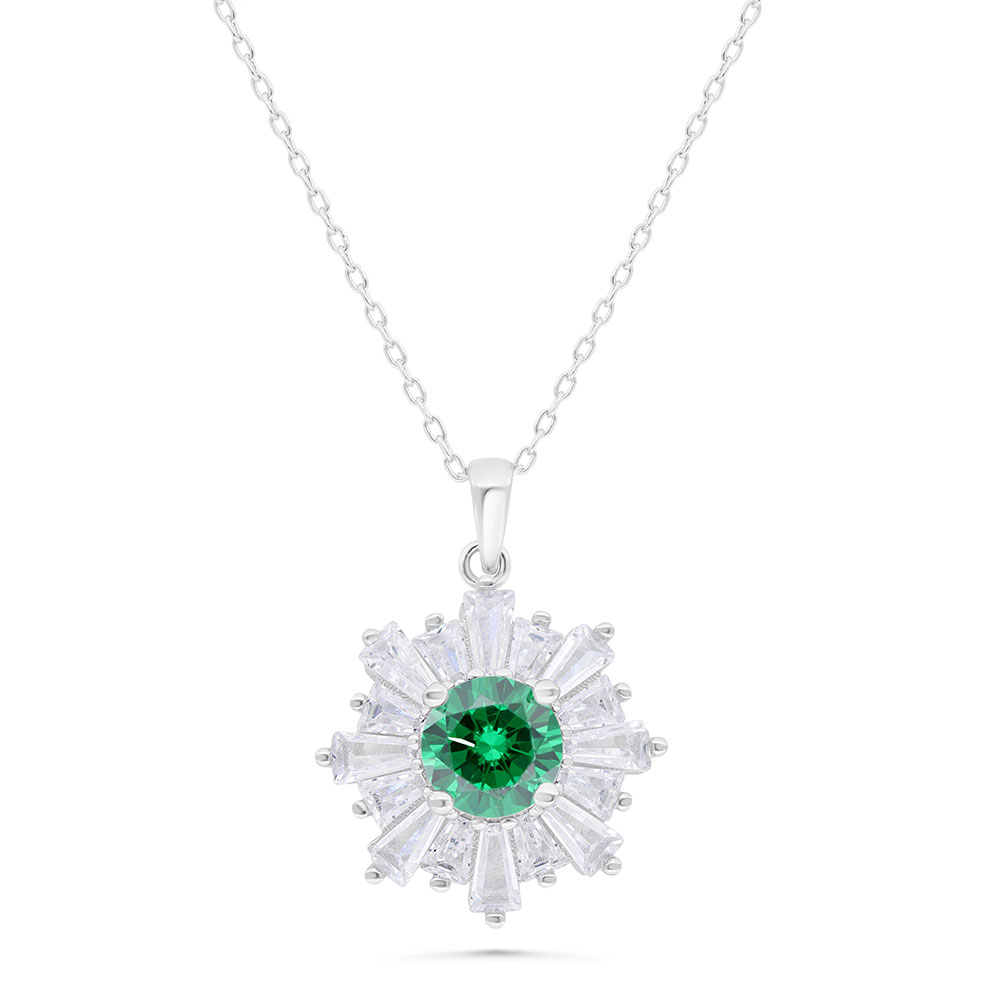 Sterling Silver 925 Necklace Rhodium Plated Embedded With Emerald Zircon And White Zircon