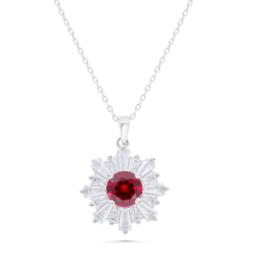 Sterling Silver 925 Necklace  Rhodium Plated Embedded With Ruby Corundum And White Zircon