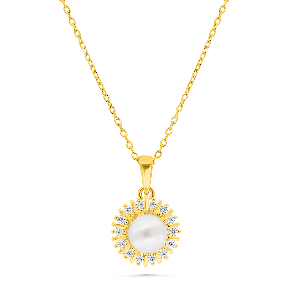 Sterling Silver 925 Necklace Gold Plated Embedded With Natural White Pearl And  White Zircon