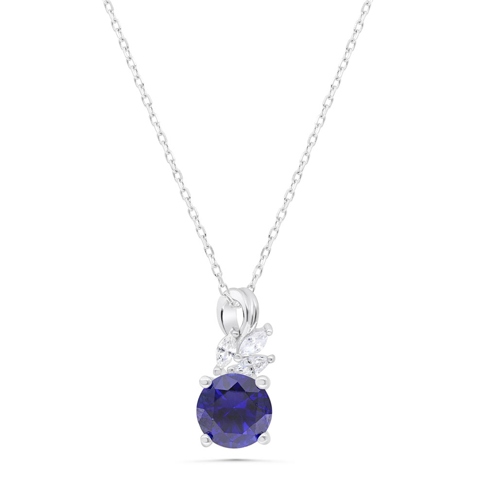 Sterling Silver 925 Necklace Rhodium Plated Embedded With Sapphire Corundum And White Zircon