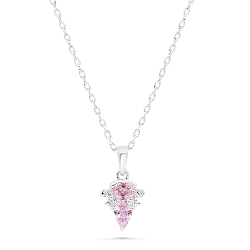 Sterling Silver 925 Necklace Rhodium Plated Embedded With Pink Zircon And White Zircon