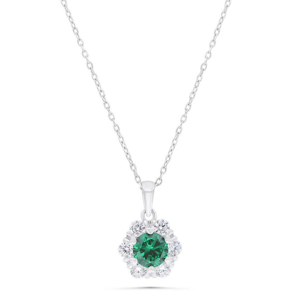 Sterling Silver 925 Necklace Rhodium Plated Embedded With Emerald Zircon And White Zircon