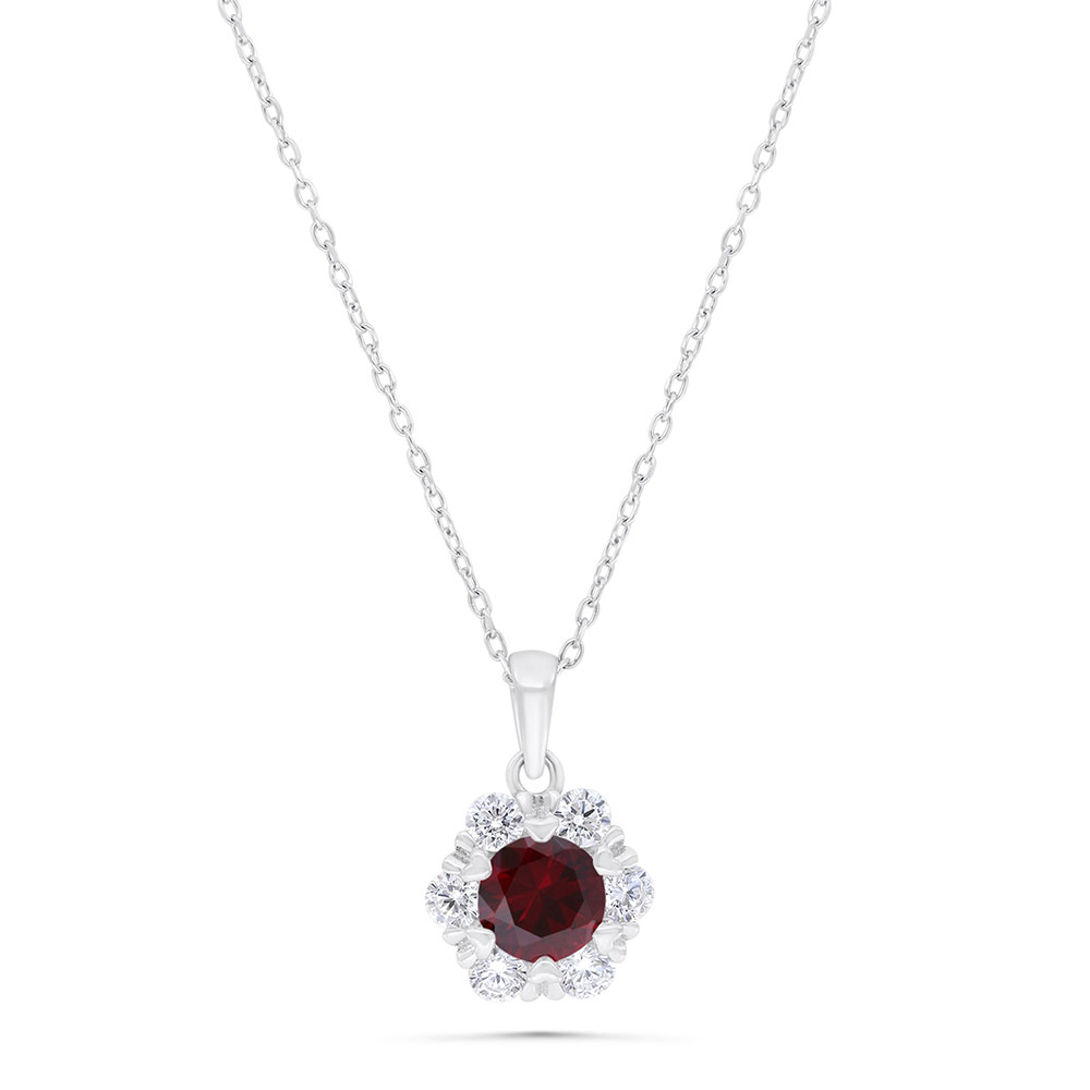 Sterling Silver 925 Necklace  Rhodium Plated Embedded With Ruby Corundum And White Zircon