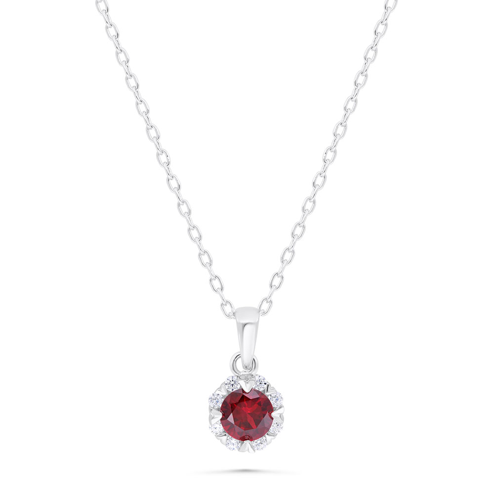 Sterling Silver 925 Necklace  Rhodium Plated Embedded With Ruby Corundum And White Zircon