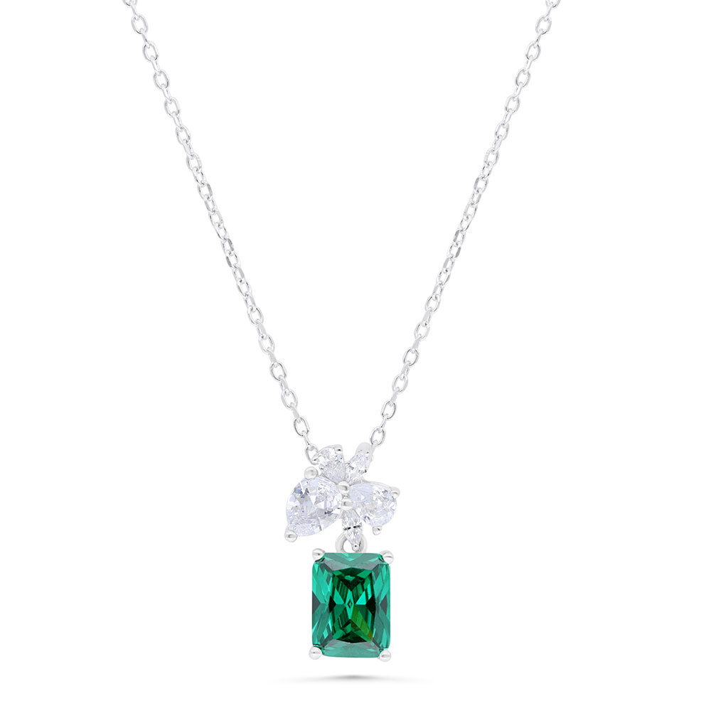 Sterling Silver 925 Necklace Rhodium Plated Embedded With Emerald Zircon And White Zircon