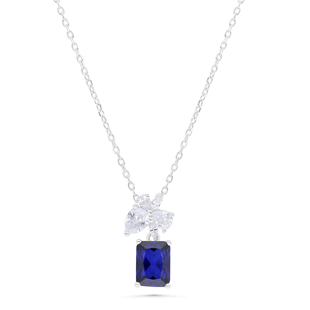 Sterling Silver 925 Necklace Rhodium Plated Embedded With Sapphire Corundum And White Zircon