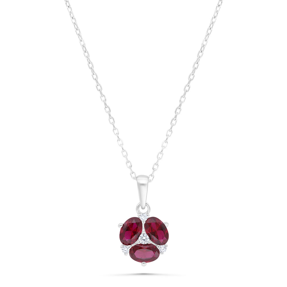 Sterling Silver 925 Necklace  Rhodium Plated Embedded With Ruby Corundum And White Zircon