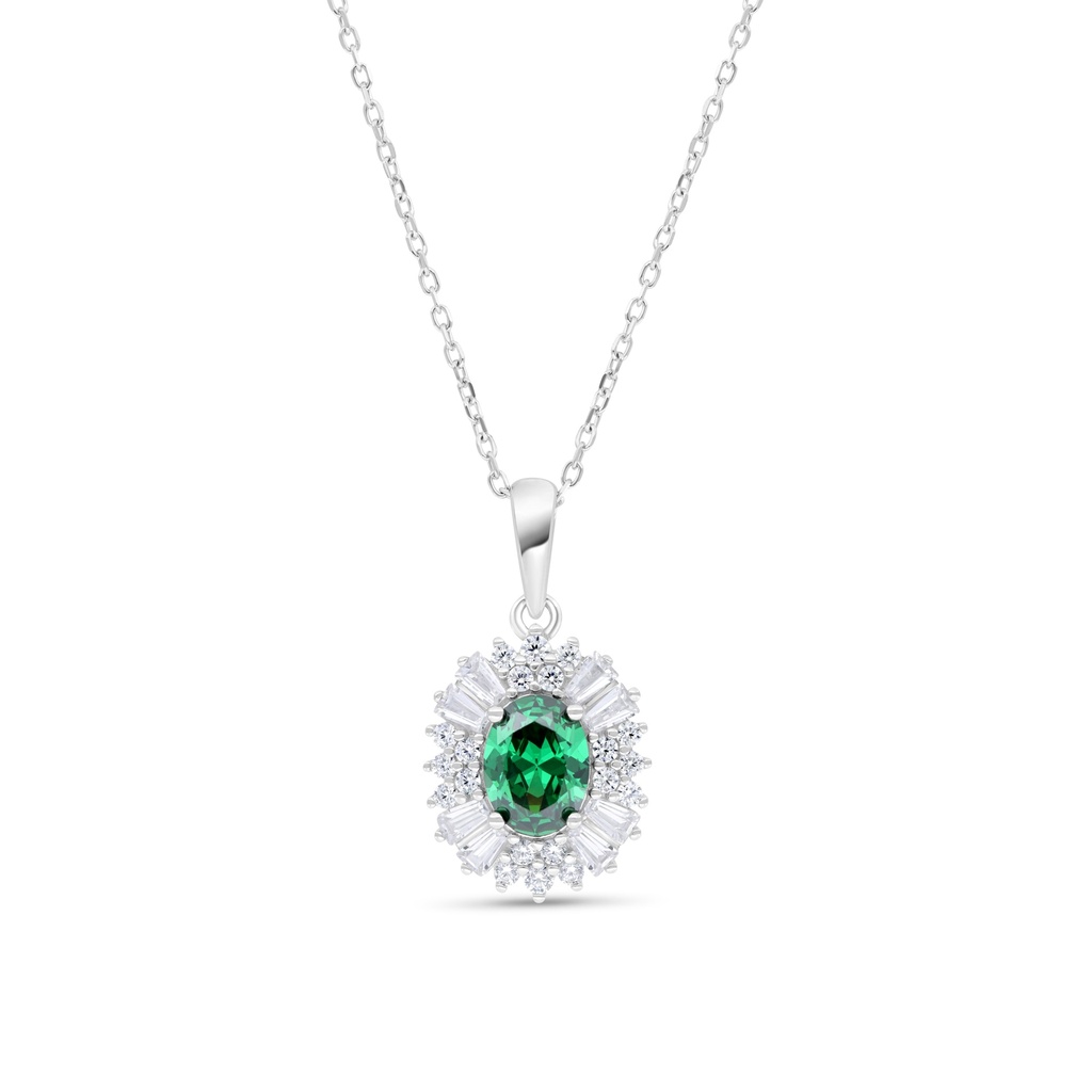 Sterling Silver 925 Necklace Rhodium Plated Embedded With Emerald Zircon And White Zircon