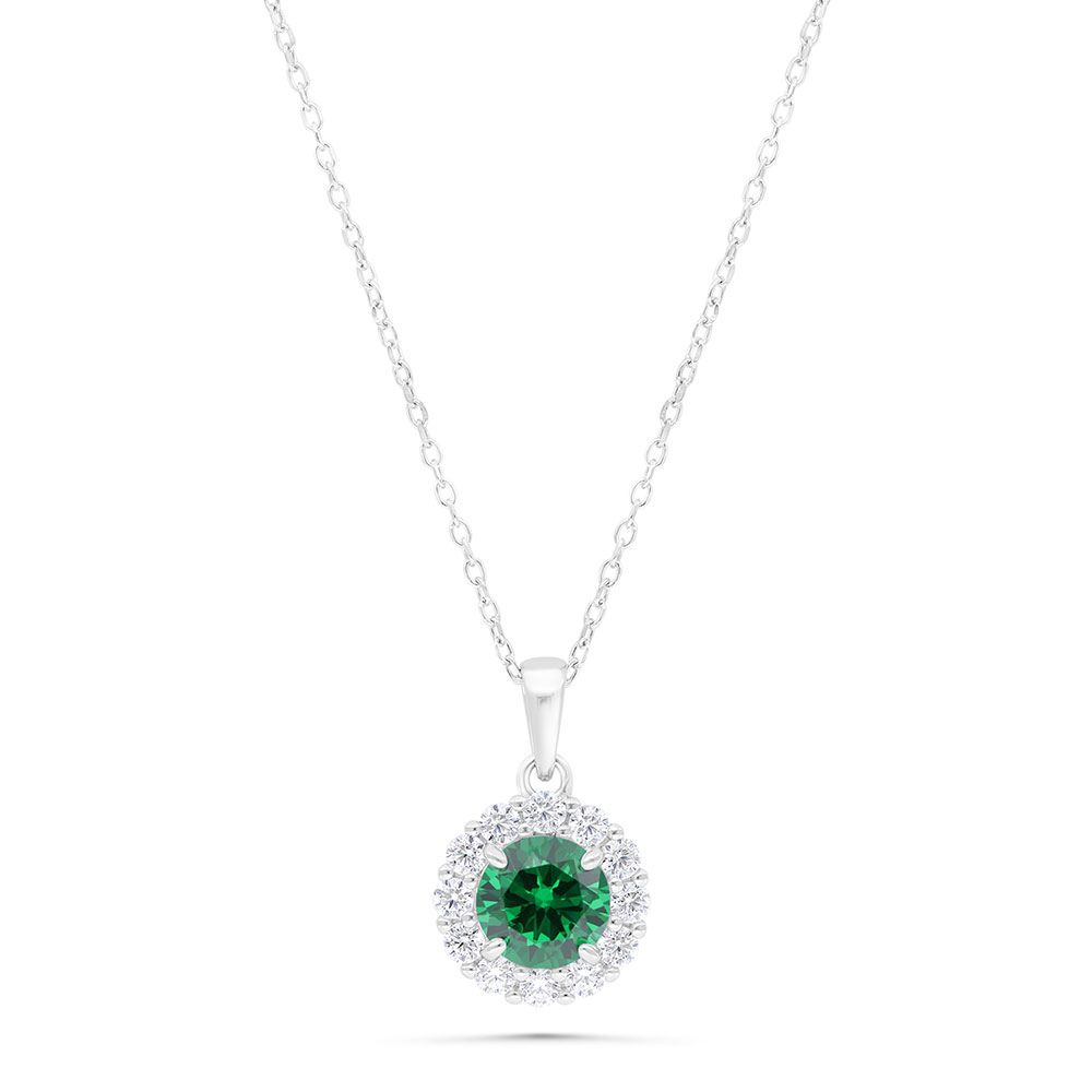 Sterling Silver 925 Necklace Rhodium Plated Embedded With Emerald Zircon And White Zircon