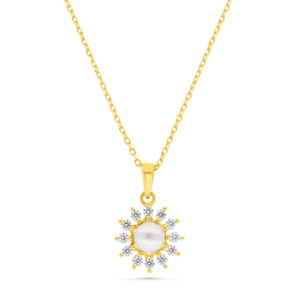 Sterling Silver 925 Necklace Gold Plated Embedded With Natural White Pearl And  White Zircon