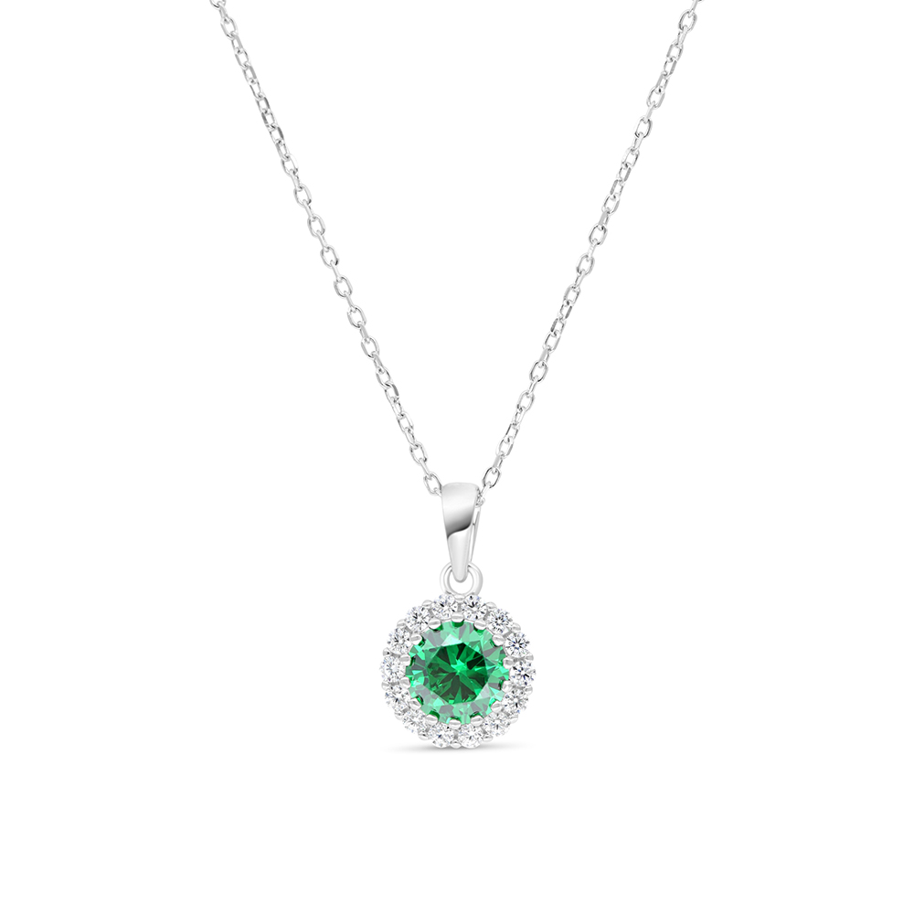 Sterling Silver 925 Necklace Rhodium Plated Embedded With Emerald Zircon And White Zircon