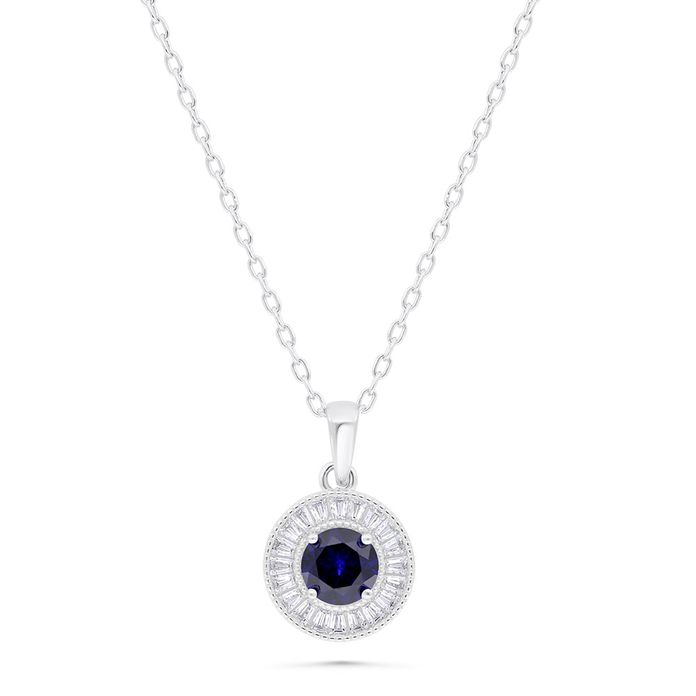 Sterling Silver 925 Necklace Rhodium Plated Embedded With Sapphire Corundum And White Zircon