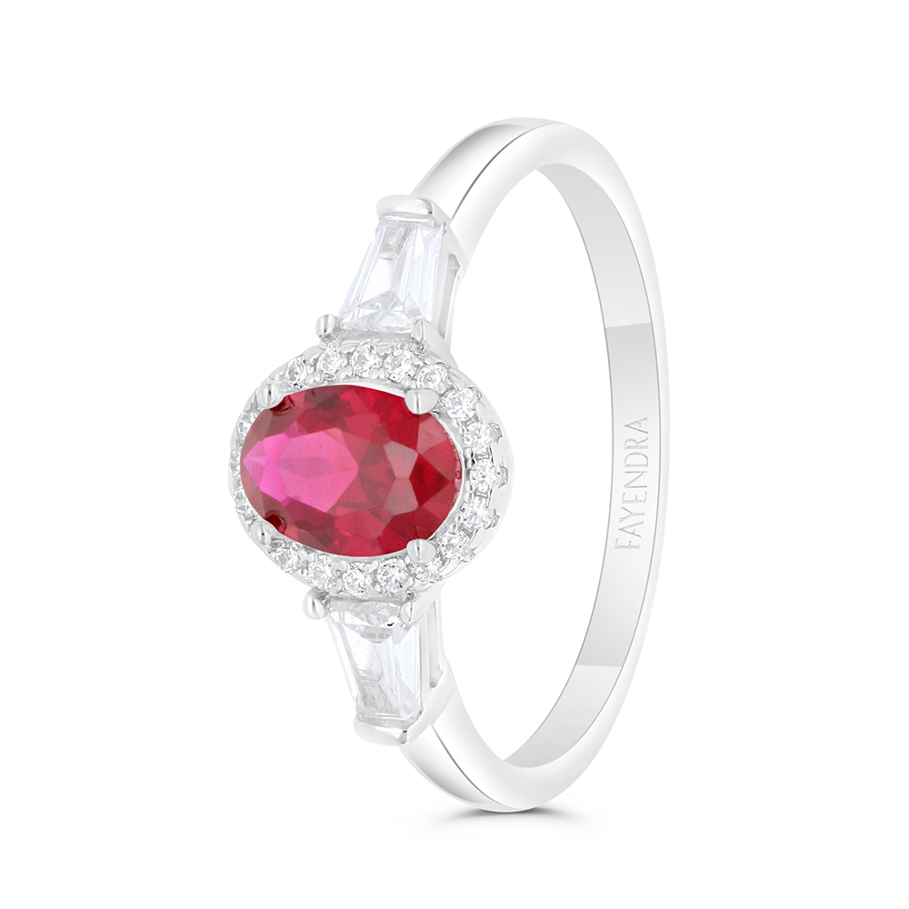 Sterling Silver 925 Ring  Rhodium Plated Embedded With Ruby Corundum And White Zircon