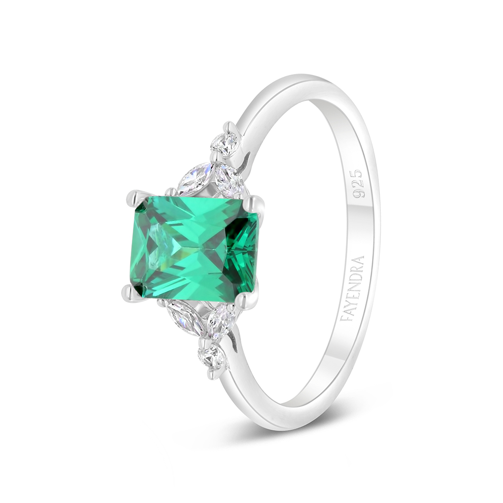 Sterling Silver 925 Ring Rhodium Plated Embedded With Emerald Zircon And White Zircon