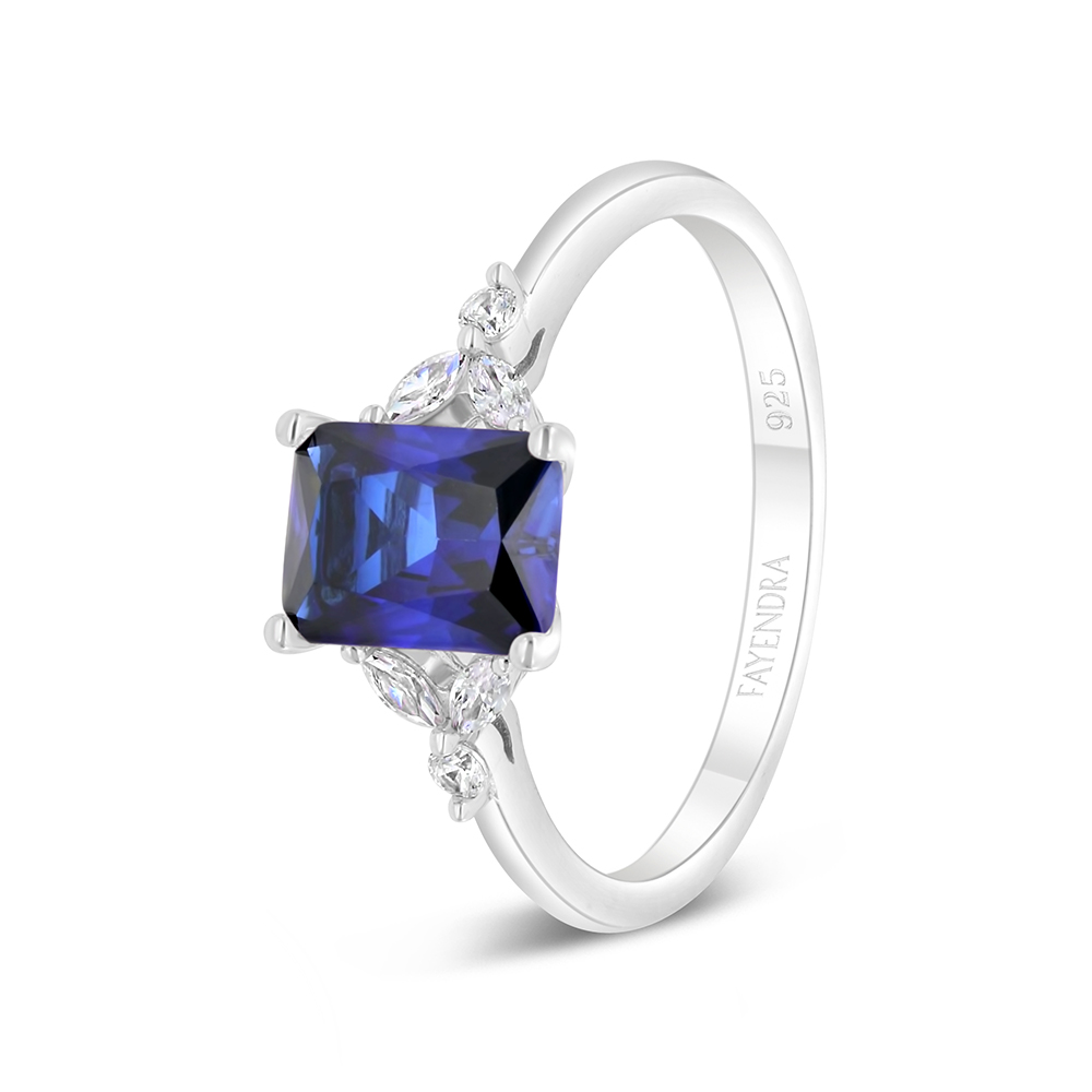 Sterling Silver 925 Ring Rhodium Plated Embedded With Sapphire Corundum And White Zircon