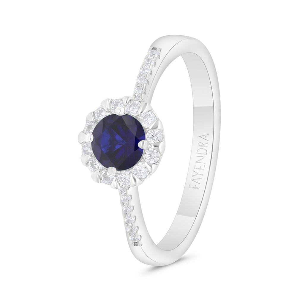 Sterling Silver 925 Ring Rhodium Plated Embedded With Sapphire Corundum And White Zircon