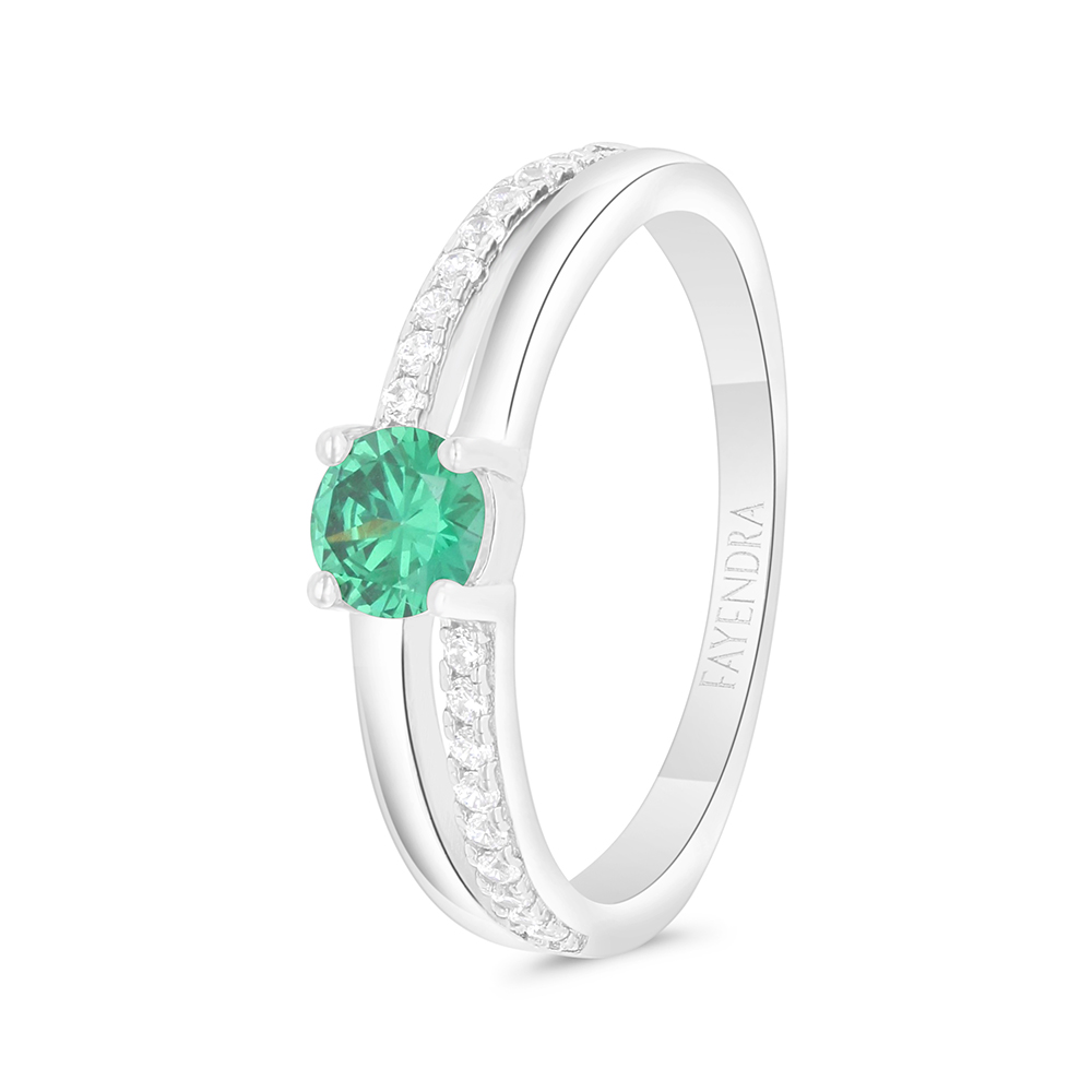 Sterling Silver 925 Ring Rhodium Plated Embedded With Emerald Zircon And White Zircon