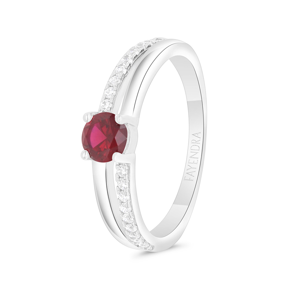 Sterling Silver 925 Ring  Rhodium Plated Embedded With Ruby Corundum And White Zircon