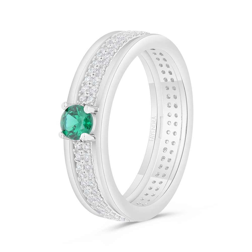 Sterling Silver 925 Ring Rhodium Plated Embedded With Emerald Zircon And White Zircon