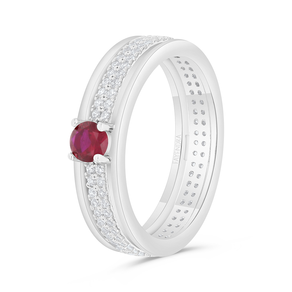 Sterling Silver 925 Ring  Rhodium Plated Embedded With Ruby Corundum And White Zircon