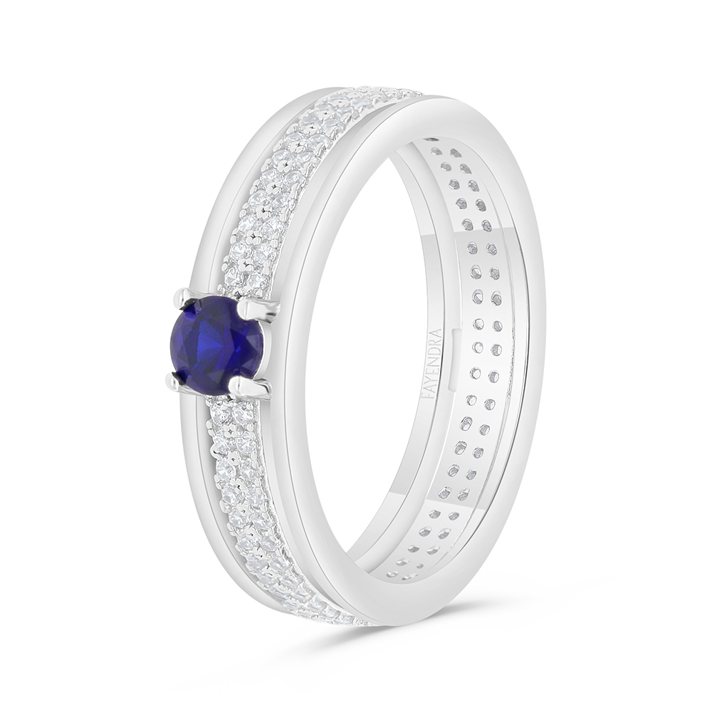 Sterling Silver 925 Ring Rhodium Plated Embedded With Sapphire Corundum And White Zircon