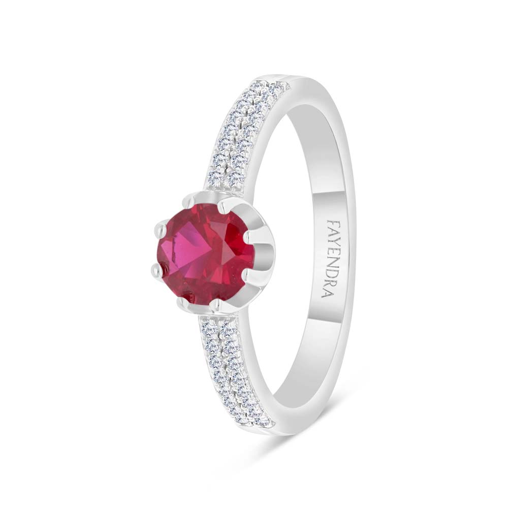 Sterling Silver 925 Ring  Rhodium Plated Embedded With Ruby Corundum And White Zircon