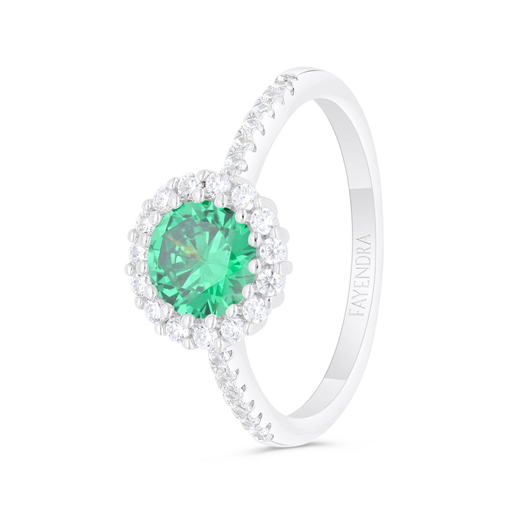 Sterling Silver 925 Ring Rhodium Plated Embedded With Emerald Zircon And White Zircon