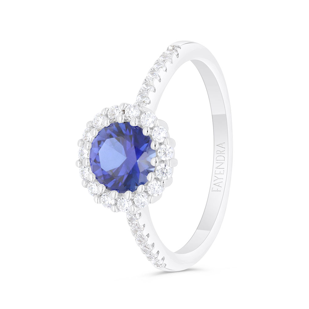 Sterling Silver 925 Ring Rhodium Plated Embedded With Sapphire Corundum And White Zircon