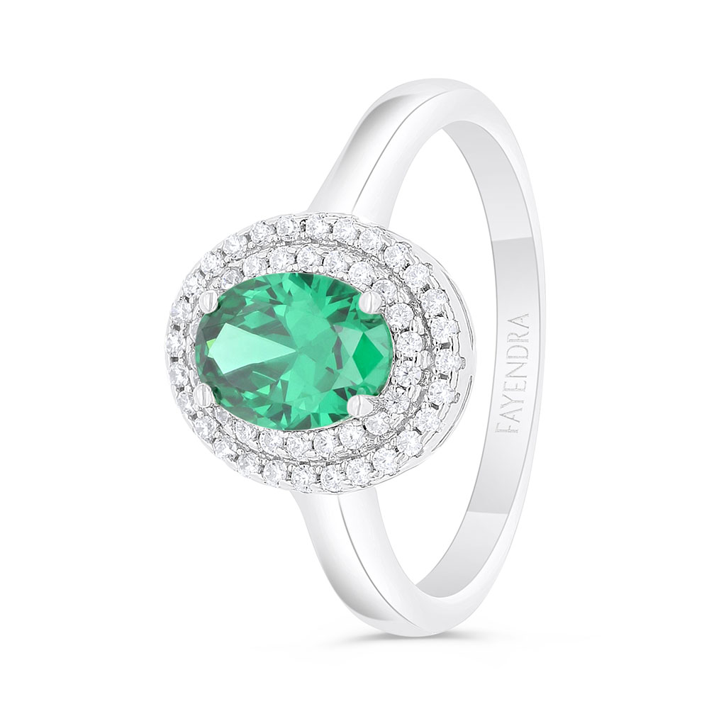 Sterling Silver 925 Ring Rhodium Plated Embedded With Emerald Zircon And White Zircon