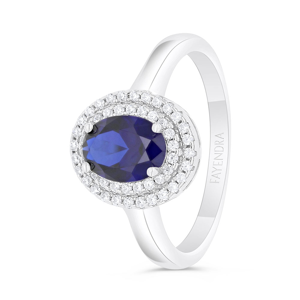 Sterling Silver 925 Ring Rhodium Plated Embedded With Sapphire Corundum And White Zircon