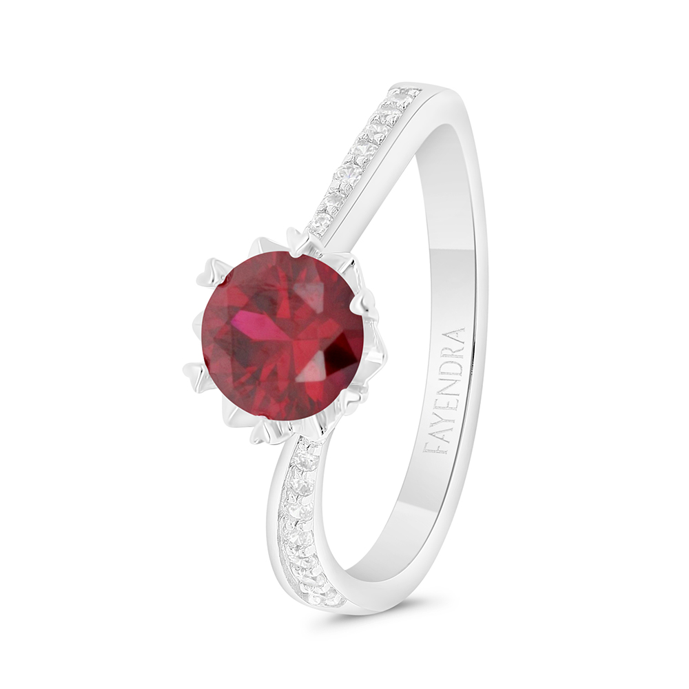 Sterling Silver 925 Ring  Rhodium Plated Embedded With Ruby Corundum And White Zircon